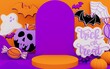 Happy Halloween background with podium for product display or party invitation. 3D render illustration of cookies, pumpkin, ghost, bat, skull, poison apple, spiderweb, calligraphy of trick or treat