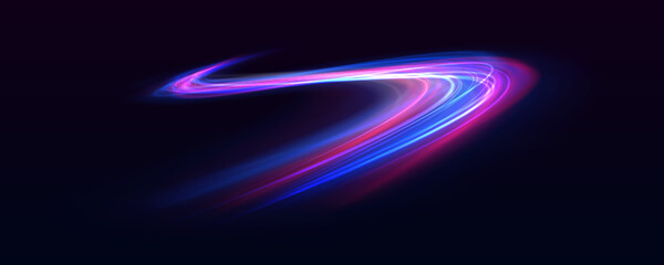 Fototapete - High speed effect motion blur night lights blue and red. Futuristic neon light line trails. bright sparkling background. Purple glowing wave swirl, impulse cable lines. Long time exposure. Vector