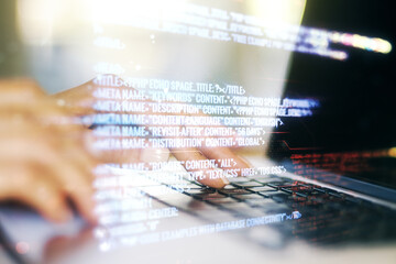 Poster - Double exposure of abstract creative programming illustration and hands typing on laptop on background, big data and blockchain concept