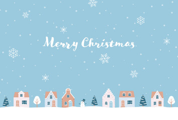 Christmas vector background with houses and trees in snow for banners, cards, flyers, social media wallpapers, etc.