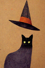 Canvas Print - Digital art of a Halloween black cat with a witch hat. 