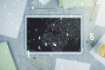 Fototapete - Abstract creative coding illustration with world map and modern digital tablet on desktop on background, top view, international software development concept. Multiexposure