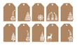 Christmas and New Year gift tags. Collection of brown paper tags with gnome,deer,noel,tree,snowflake. Cards xmas vector set. Collection of holiday paper label. Seasonal badge sale design