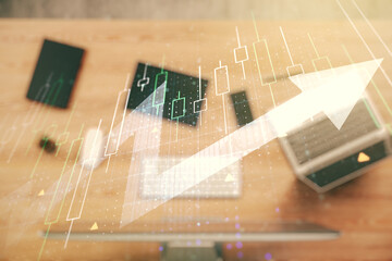 Poster - Multi exposure of abstract financial diagram with upward arrow on computer background, rise and breakthrough concept