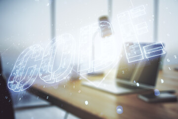 Poster - Creative Code word sign on modern computer background, international software development concept. Multiexposure