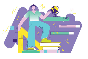 Poster - Violet concept Education with people scene in the flat cartoon design. Guy takes out a globe from the top shelf to engage in self-education. Vector illustration.