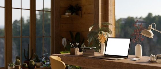 Cozy wooden home working room interior with laptop mockup, indoor plants and wood wall