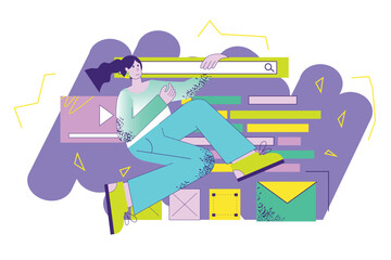 Poster - Violet concept Searching internet with people scene in the flat cartoon style. Girl is looking for everything she needs on the Internet. Vector illustration.