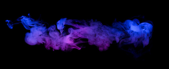 Wall Mural - Swirling neon blue and purple multicolored smoke puff cloud design element isolated on black background