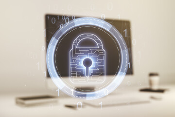 Poster - Creative light lock illustration with microcircuit on modern computer background, cyber security concept. Multiexposure
