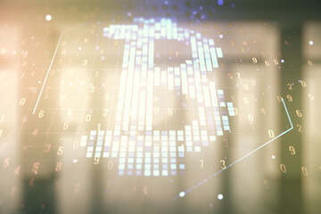 Poster - Virtual Bitcoin sketch on modern interior background. Double exposure