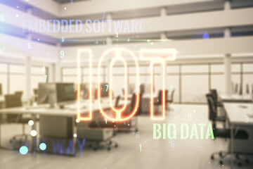 Aufkleber - Double exposure of abstract virtual IOT hologram on modern corporate office background, research and development concept