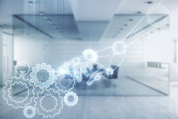 Aufkleber - Abstract virtual robotics technology sketch on a modern furnished office interior background, future technology and AI concept. Double exposure