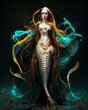Dark scary mermaid, gothic style, Beautiful mermaid, ocean witch, slim blue mermaid with long hair. Painting, concept art, cinematic light, background, wallpaper, illustration