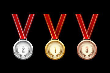 Wall Mural - Golden, silver and bronze medals hanging on red ribbons isolated on black background. Vector sports illustration.