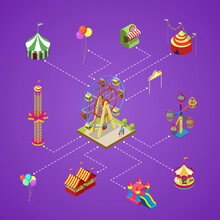 Amusement park isometric infographic with kids carousel, circus tents, air slides, rifle range and ferris wheel. Funfair carnival, summer time family vacation, children attractions vector illustration