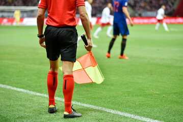 Wall Mural - Soccer touchline referee with the flag during match at the football stadium.