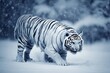 A close-up of an Indian white tiger against a snowy forest and winter backdrop. full body 3D rendering.
