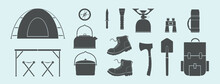 Hiking, Camping, Trekking, Equipment SVG Set. Travel, Tourist, Outdoor, Camp Accessories. Outdoor Activity. Backpack, Bowler Hat, Compass, Flashlight, Hiking Boots. Isolated Flat Vector Illustration