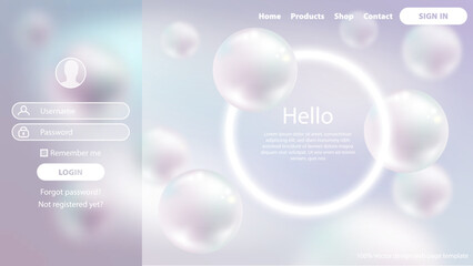 Sign In Login form glassmorphism style. Luxury pearl sphere background with defocused white light circle frame. Landing page premium web design for science site, medical, beauty, jeweler, accessory