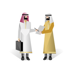 Wall Mural - Bearded arabic businessmen in national clothes sign a contract. Corporate business people isolated vector illustration