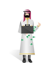 Sticker - Bearded arabic investor in national clothes holding money suitcase. Corporate business people isolated vector illustration