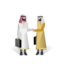 Wall Mural - Bearded arabic businessmen in national clothes handshaking. Corporate business people isolated vector illustration