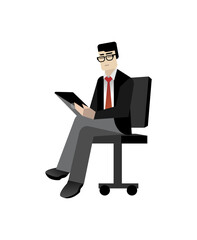 Sticker - Asian businessman sitting in armchair and using tablet computer. Corporate business people isolated vector illustration