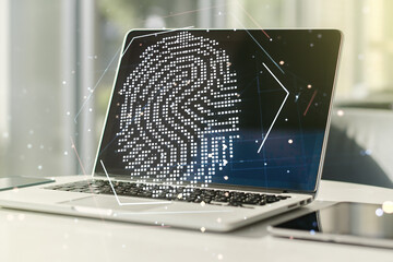 Poster - Multi exposure of abstract graphic fingerprint sketch on modern computer background, fingerprint scan data concept