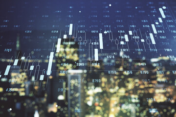 Aufkleber - Abstract virtual stats data hologram on blurry skyline background. Multiexposure