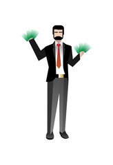 Wall Mural - European bearded businessman in business suit with money in hands. Corporate business people isolated vector illustration