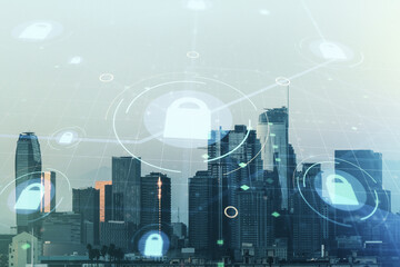 Aufkleber - Virtual creative lock symbol and microcircuit illustration on Los Angeles skyline background. Protection and firewall concept. Multiexposure