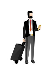 Poster - European bearded businessman in business suit with mobile phone and travel bag in hands. Corporate business people isolated vector illustration