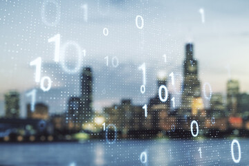 Leinwandbilder - Double exposure of abstract virtual binary code hologram on blurry cityscape background. Database and programming concept