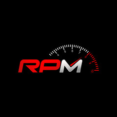 Simple letter or word RPM italic font with speedometer needle image graphic icon logo design abstract concept vector stock. Can be used as symbol related to sportcar or workshop