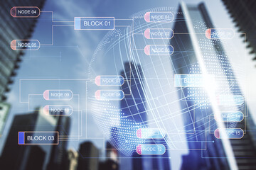 Poster - Abstract virtual coding illustration and world map on modern architecture background, international software development concept. Multiexposure