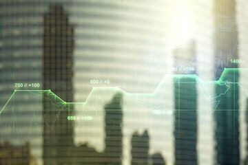 Poster - Abstract virtual stats data hologram on office buildings background. Multiexposure