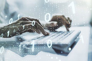 Aufkleber - Double exposure of creative abstract binary code hologram and hands typing on laptop on background. Database and programming concept