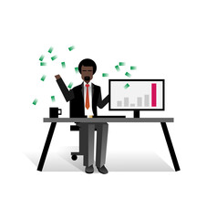 Wall Mural - African bearded businessman throwing money in the air at office desk. Corporate business people isolated vector illustration.