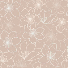 Beautiful Floral Seamless Pattern Design In Hand-drawn Style. Linear  Flowers Repeat Texture. Beige Flowers On A Dark Background. 