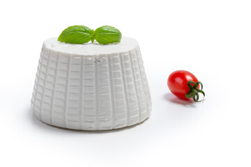 Wall Mural - ricotta with basil leaf and cherry tomatoes on a white background