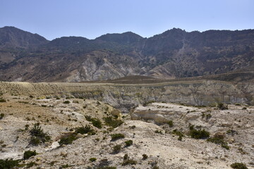 A view of the active hydrothermal crater of Stefanos volcano on the Greek island of Nisyros on a summer holiday day.