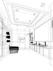 Poster - abstract sketch design of interior bathroom ,3d rendering