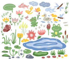 Pond frog lake water lilies reeds nature animals insects ducks, big set illustration hand drawn print separately on white background childish cute