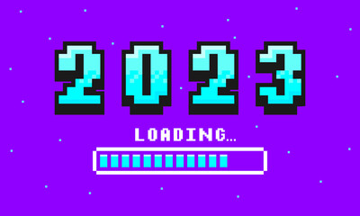2023 pixel art banner for New Year. 2023 numbers in 8-bit retro games style and loading bar. Pixelated happy New Year and Merry Christmas holiday card or banner. Vector.