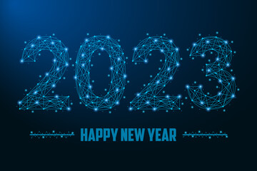 Aufkleber - 2023 New Year illustration made by points and lines, polygonal wireframe mesh on night sky, dark blue background. Low poly greeting card. Vector.