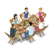 Isometric view of group of male and female friends eating meat skewers at table on white background.
