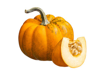 Whole orange pumpkin and slice of pumpkin isolated on white background. Clipping Path. Full Depth of field. Focus stacking