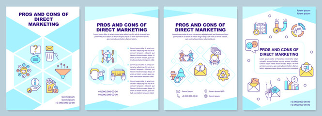 Pros and cons of direct marketing turquoise brochure template. Leaflet design with linear icons. Editable 4 vector layouts for presentation, annual reports. Arial-Black, Myriad Pro-Regular fonts used