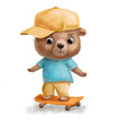 © Elena - Cute bear boy riding skateboard. Cool guy animal bear in cap isolated on white. Hand drawn funny illustration